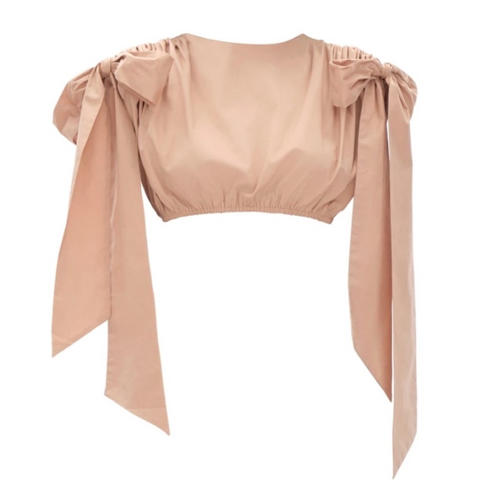 Andrea Iyamah Set Tan Blouse with Bow Accents and asymmetrical skirt